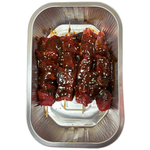 4 Steak Kebabs In A Black Garlic Glaze